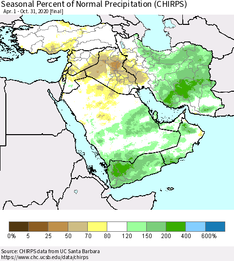 Middle East and Turkey Seasonal Percent of Normal Precipitation (CHIRPS) Thematic Map For 4/1/2020 - 10/31/2020