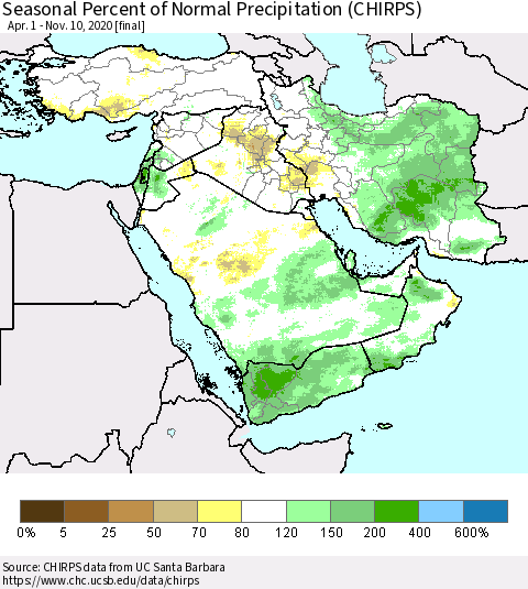 Middle East and Turkey Seasonal Percent of Normal Precipitation (CHIRPS) Thematic Map For 4/1/2020 - 11/10/2020