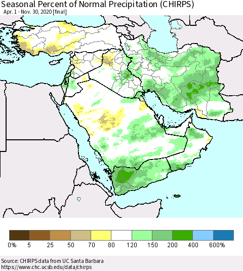 Middle East and Turkey Seasonal Percent of Normal Precipitation (CHIRPS) Thematic Map For 4/1/2020 - 11/30/2020