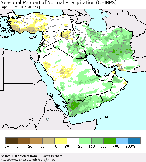 Middle East and Turkey Seasonal Percent of Normal Precipitation (CHIRPS) Thematic Map For 4/1/2020 - 12/10/2020