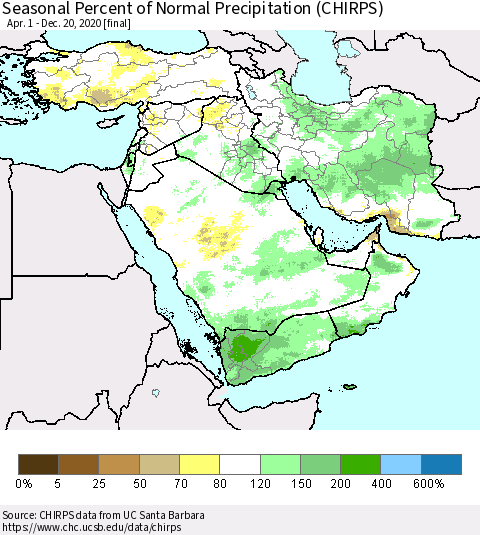 Middle East and Turkey Seasonal Percent of Normal Precipitation (CHIRPS) Thematic Map For 4/1/2020 - 12/20/2020