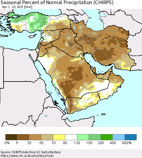 Middle East and Turkey Seasonal Percent of Normal Precipitation (CHIRPS) Thematic Map For 4/1/2021 - 4/10/2021