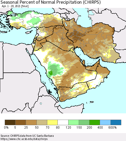 Middle East and Turkey Seasonal Percent of Normal Precipitation (CHIRPS) Thematic Map For 4/1/2021 - 4/20/2021