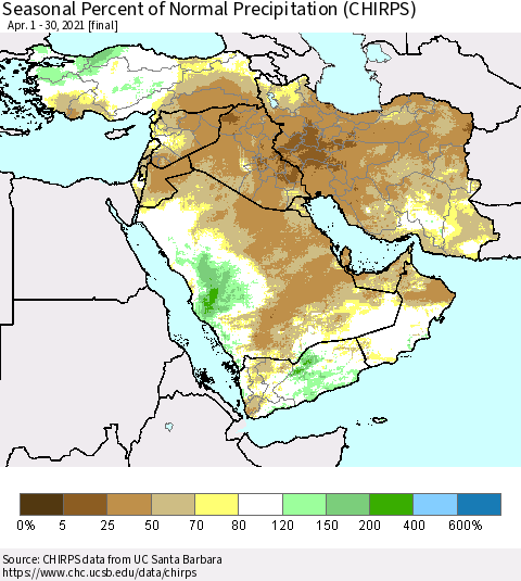 Middle East and Turkey Seasonal Percent of Normal Precipitation (CHIRPS) Thematic Map For 4/1/2021 - 4/30/2021