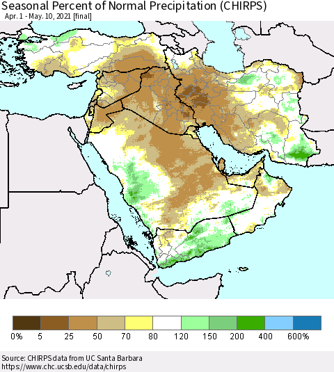 Middle East and Turkey Seasonal Percent of Normal Precipitation (CHIRPS) Thematic Map For 4/1/2021 - 5/10/2021