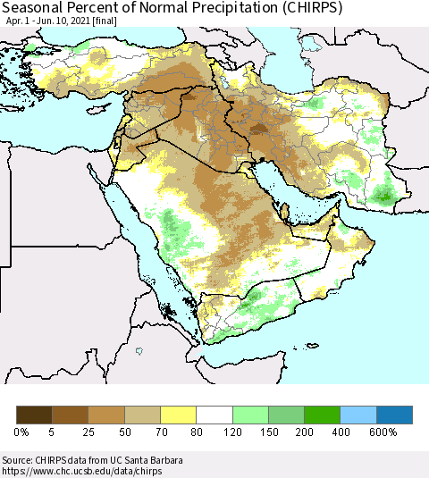 Middle East and Turkey Seasonal Percent of Normal Precipitation (CHIRPS) Thematic Map For 4/1/2021 - 6/10/2021