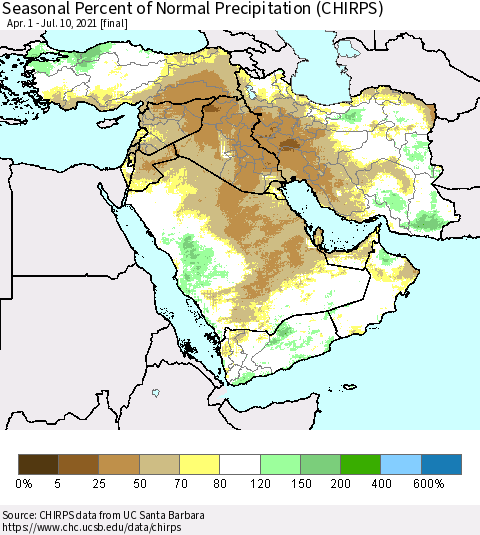 Middle East and Turkey Seasonal Percent of Normal Precipitation (CHIRPS) Thematic Map For 4/1/2021 - 7/10/2021