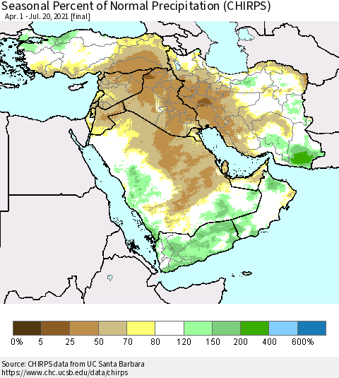 Middle East and Turkey Seasonal Percent of Normal Precipitation (CHIRPS) Thematic Map For 4/1/2021 - 7/20/2021