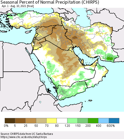 Middle East and Turkey Seasonal Percent of Normal Precipitation (CHIRPS) Thematic Map For 4/1/2021 - 8/10/2021