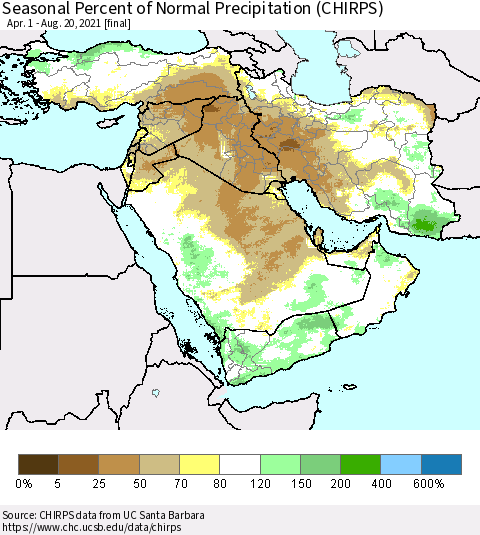 Middle East and Turkey Seasonal Percent of Normal Precipitation (CHIRPS) Thematic Map For 4/1/2021 - 8/20/2021
