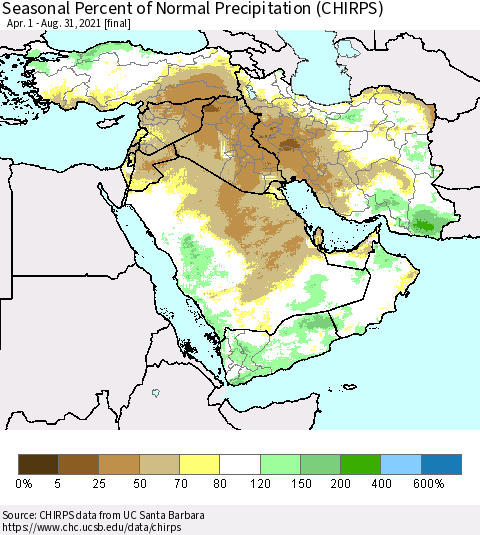 Middle East and Turkey Seasonal Percent of Normal Precipitation (CHIRPS) Thematic Map For 4/1/2021 - 8/31/2021