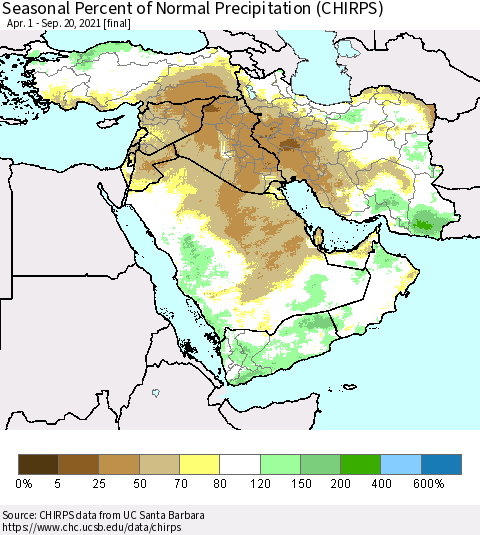 Middle East and Turkey Seasonal Percent of Normal Precipitation (CHIRPS) Thematic Map For 4/1/2021 - 9/20/2021