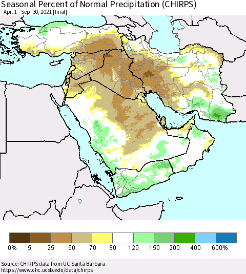 Middle East and Turkey Seasonal Percent of Normal Precipitation (CHIRPS) Thematic Map For 4/1/2021 - 9/30/2021