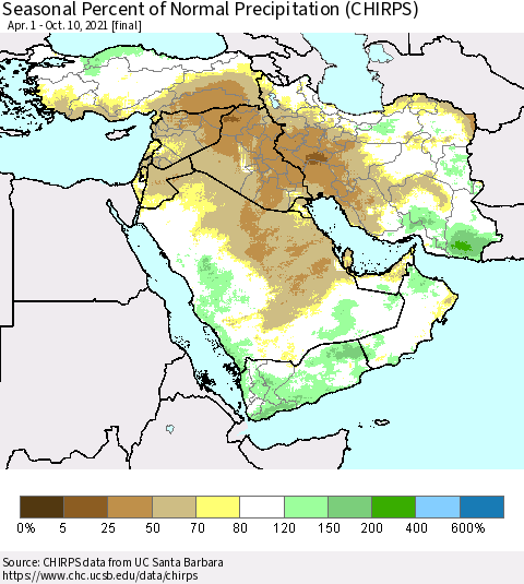 Middle East and Turkey Seasonal Percent of Normal Precipitation (CHIRPS) Thematic Map For 4/1/2021 - 10/10/2021