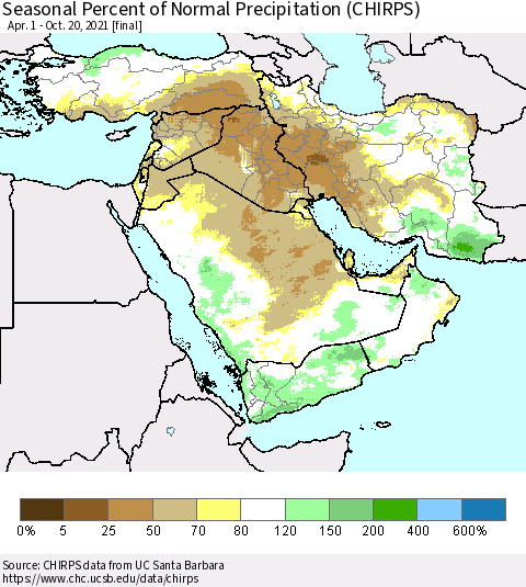 Middle East and Turkey Seasonal Percent of Normal Precipitation (CHIRPS) Thematic Map For 4/1/2021 - 10/20/2021