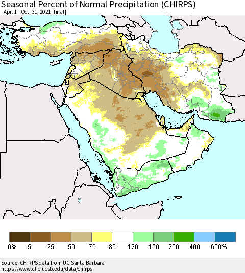 Middle East and Turkey Seasonal Percent of Normal Precipitation (CHIRPS) Thematic Map For 4/1/2021 - 10/31/2021