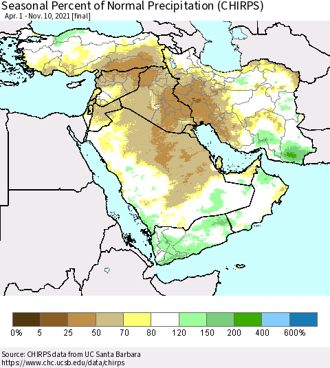 Middle East and Turkey Seasonal Percent of Normal Precipitation (CHIRPS) Thematic Map For 4/1/2021 - 11/10/2021