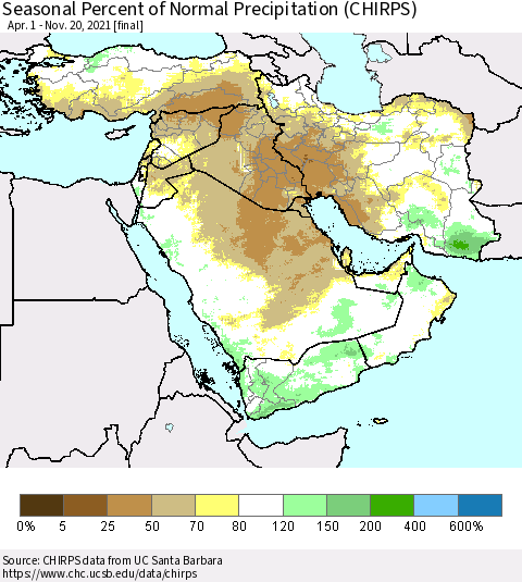 Middle East and Turkey Seasonal Percent of Normal Precipitation (CHIRPS) Thematic Map For 4/1/2021 - 11/20/2021
