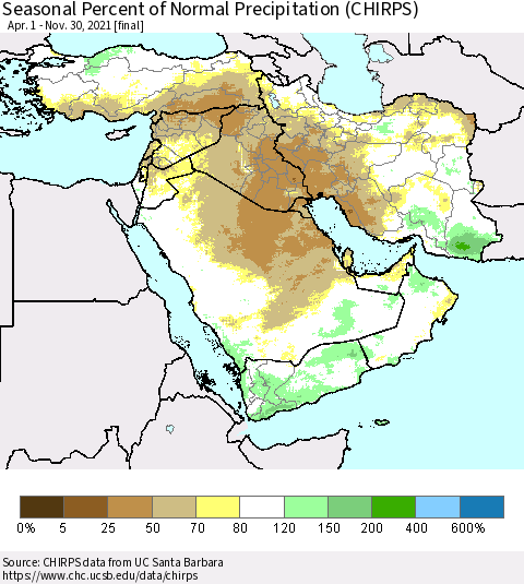 Middle East and Turkey Seasonal Percent of Normal Precipitation (CHIRPS) Thematic Map For 4/1/2021 - 11/30/2021