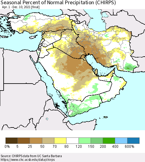Middle East and Turkey Seasonal Percent of Normal Precipitation (CHIRPS) Thematic Map For 4/1/2021 - 12/10/2021
