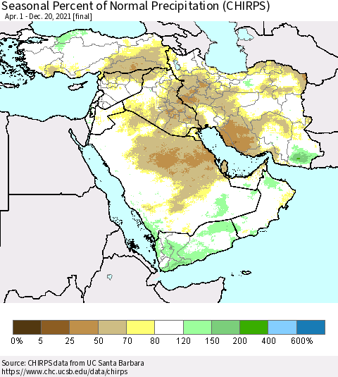 Middle East and Turkey Seasonal Percent of Normal Precipitation (CHIRPS) Thematic Map For 4/1/2021 - 12/20/2021