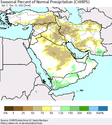 Middle East and Turkey Seasonal Percent of Normal Precipitation (CHIRPS) Thematic Map For 4/1/2021 - 12/31/2021