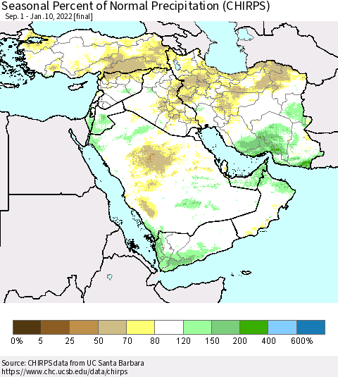 Middle East and Turkey Seasonal Percent of Normal Precipitation (CHIRPS) Thematic Map For 9/1/2021 - 1/10/2022