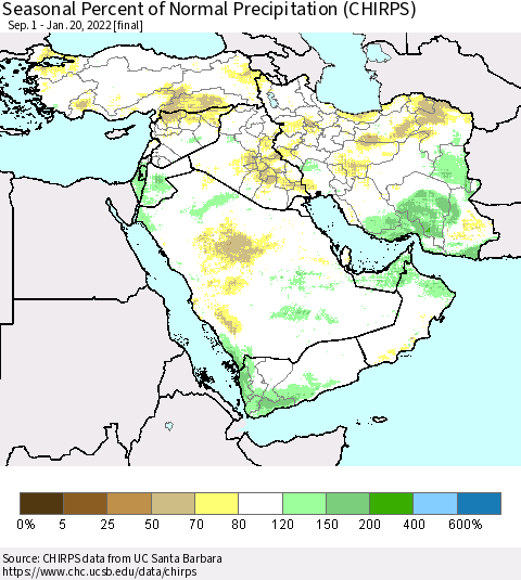 Middle East and Turkey Seasonal Percent of Normal Precipitation (CHIRPS) Thematic Map For 9/1/2021 - 1/20/2022