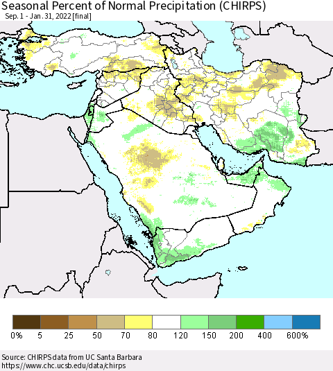 Middle East and Turkey Seasonal Percent of Normal Precipitation (CHIRPS) Thematic Map For 9/1/2021 - 1/31/2022