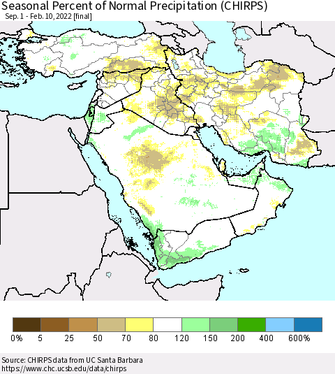 Middle East and Turkey Seasonal Percent of Normal Precipitation (CHIRPS) Thematic Map For 9/1/2021 - 2/10/2022