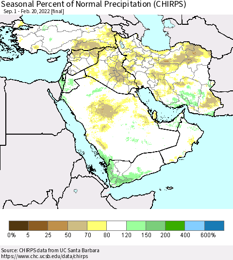 Middle East and Turkey Seasonal Percent of Normal Precipitation (CHIRPS) Thematic Map For 9/1/2021 - 2/20/2022