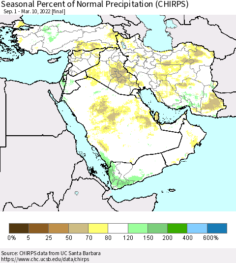 Middle East and Turkey Seasonal Percent of Normal Precipitation (CHIRPS) Thematic Map For 9/1/2021 - 3/10/2022