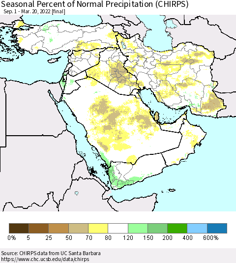Middle East and Turkey Seasonal Percent of Normal Precipitation (CHIRPS) Thematic Map For 9/1/2021 - 3/20/2022