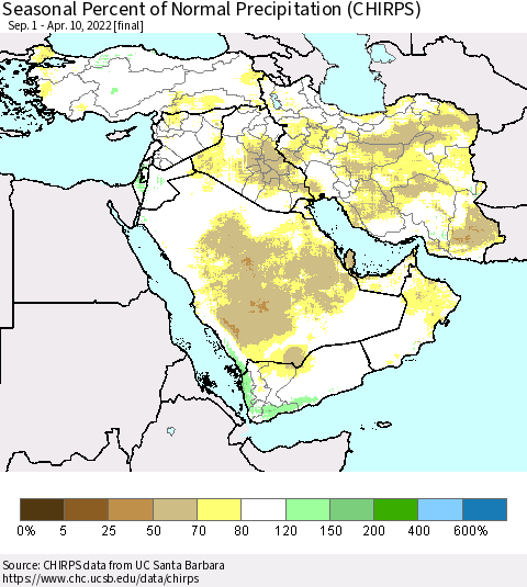 Middle East and Turkey Seasonal Percent of Normal Precipitation (CHIRPS) Thematic Map For 9/1/2021 - 4/10/2022