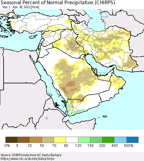 Middle East and Turkey Seasonal Percent of Normal Precipitation (CHIRPS) Thematic Map For 9/1/2021 - 4/20/2022