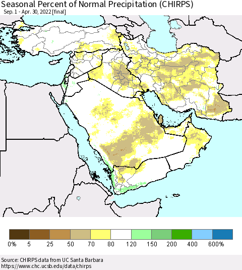 Middle East and Turkey Seasonal Percent of Normal Precipitation (CHIRPS) Thematic Map For 9/1/2021 - 4/30/2022