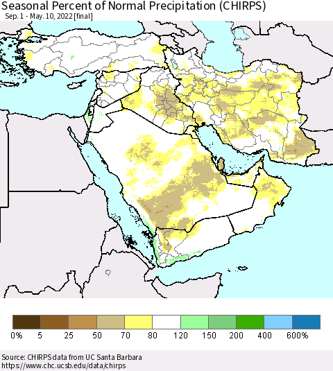 Middle East and Turkey Seasonal Percent of Normal Precipitation (CHIRPS) Thematic Map For 9/1/2021 - 5/10/2022
