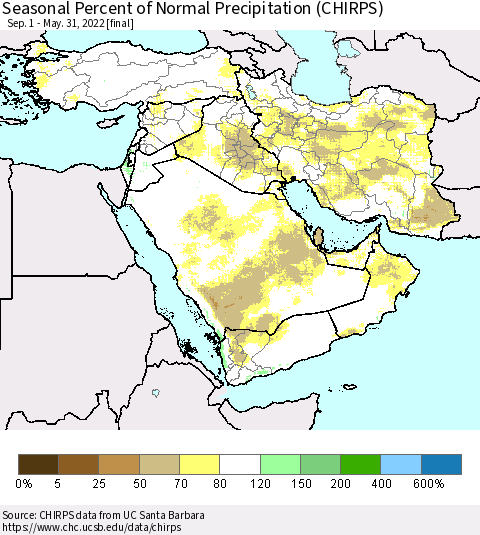 Middle East and Turkey Seasonal Percent of Normal Precipitation (CHIRPS) Thematic Map For 9/1/2021 - 5/31/2022