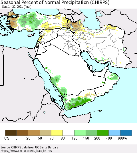 Middle East and Turkey Seasonal Percent of Normal Precipitation (CHIRPS) Thematic Map For 9/1/2021 - 9/20/2021