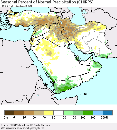 Middle East and Turkey Seasonal Percent of Normal Precipitation (CHIRPS) Thematic Map For 9/1/2021 - 10/20/2021