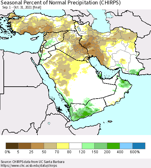 Middle East and Turkey Seasonal Percent of Normal Precipitation (CHIRPS) Thematic Map For 9/1/2021 - 10/31/2021