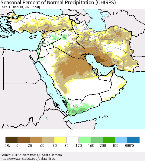 Middle East and Turkey Seasonal Percent of Normal Precipitation (CHIRPS) Thematic Map For 9/1/2021 - 12/10/2021