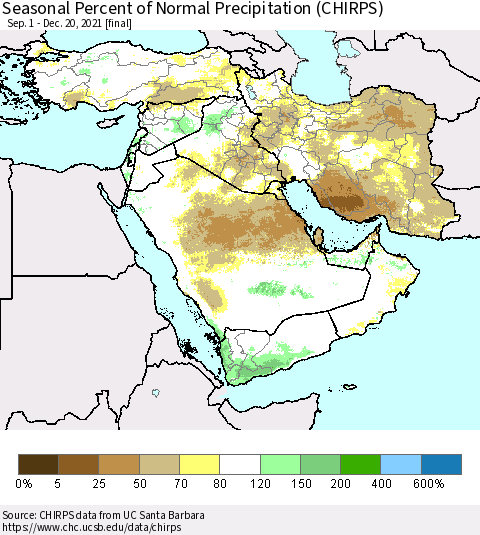 Middle East and Turkey Seasonal Percent of Normal Precipitation (CHIRPS) Thematic Map For 9/1/2021 - 12/20/2021