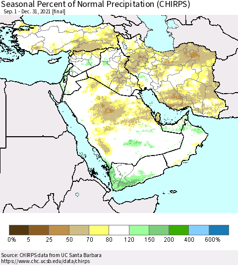 Middle East and Turkey Seasonal Percent of Normal Precipitation (CHIRPS) Thematic Map For 9/1/2021 - 12/31/2021