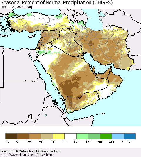 Middle East and Turkey Seasonal Percent of Normal Precipitation (CHIRPS) Thematic Map For 4/1/2022 - 4/20/2022