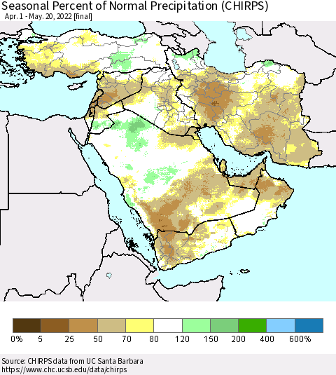 Middle East and Turkey Seasonal Percent of Normal Precipitation (CHIRPS) Thematic Map For 4/1/2022 - 5/20/2022