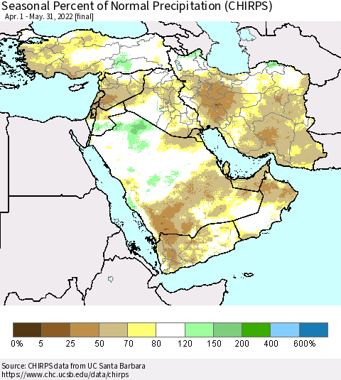 Middle East and Turkey Seasonal Percent of Normal Precipitation (CHIRPS) Thematic Map For 4/1/2022 - 5/31/2022