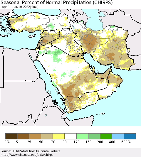 Middle East and Turkey Seasonal Percent of Normal Precipitation (CHIRPS) Thematic Map For 4/1/2022 - 6/10/2022