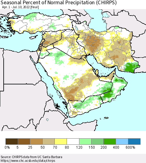 Middle East and Turkey Seasonal Percent of Normal Precipitation (CHIRPS) Thematic Map For 4/1/2022 - 7/10/2022