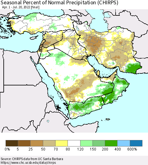 Middle East and Turkey Seasonal Percent of Normal Precipitation (CHIRPS) Thematic Map For 4/1/2022 - 7/20/2022